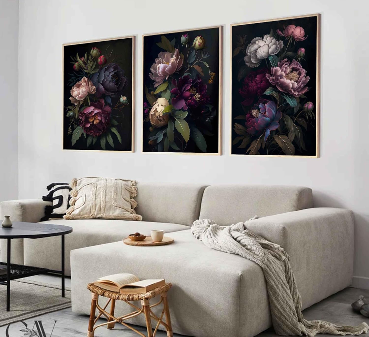 3 Pcs Moody Floral Canvas Wall Art Vintage Dark Peony Flowers Botanical Still Life Painting Picture Wall Decor Poster Print Artwork for Living Room Bedroom Women Room Home Decoration Unframed - Image 3