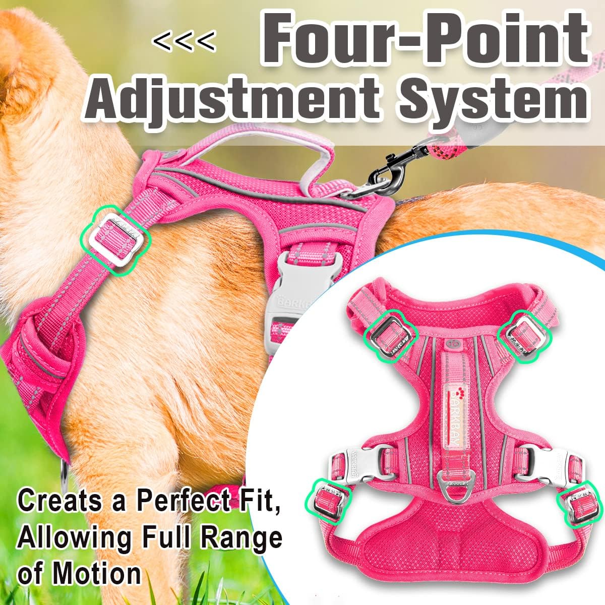 BARKBAY No Pull Dog Harness Front Clip Heavy Duty Reflective Easy Control Handle for Large Dog Walking with ID tag Pocket(Pink,M)