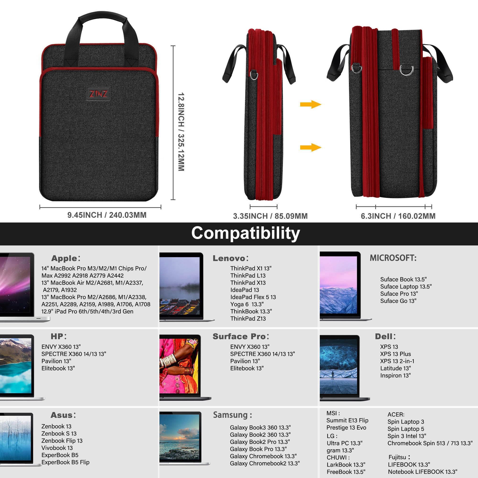 ZINZ Bolso de Hombro para Portátil de Viaje de 12,3-13 Pulgadas con Compartimento Ampliable y Compartimento para Objetos de Valor