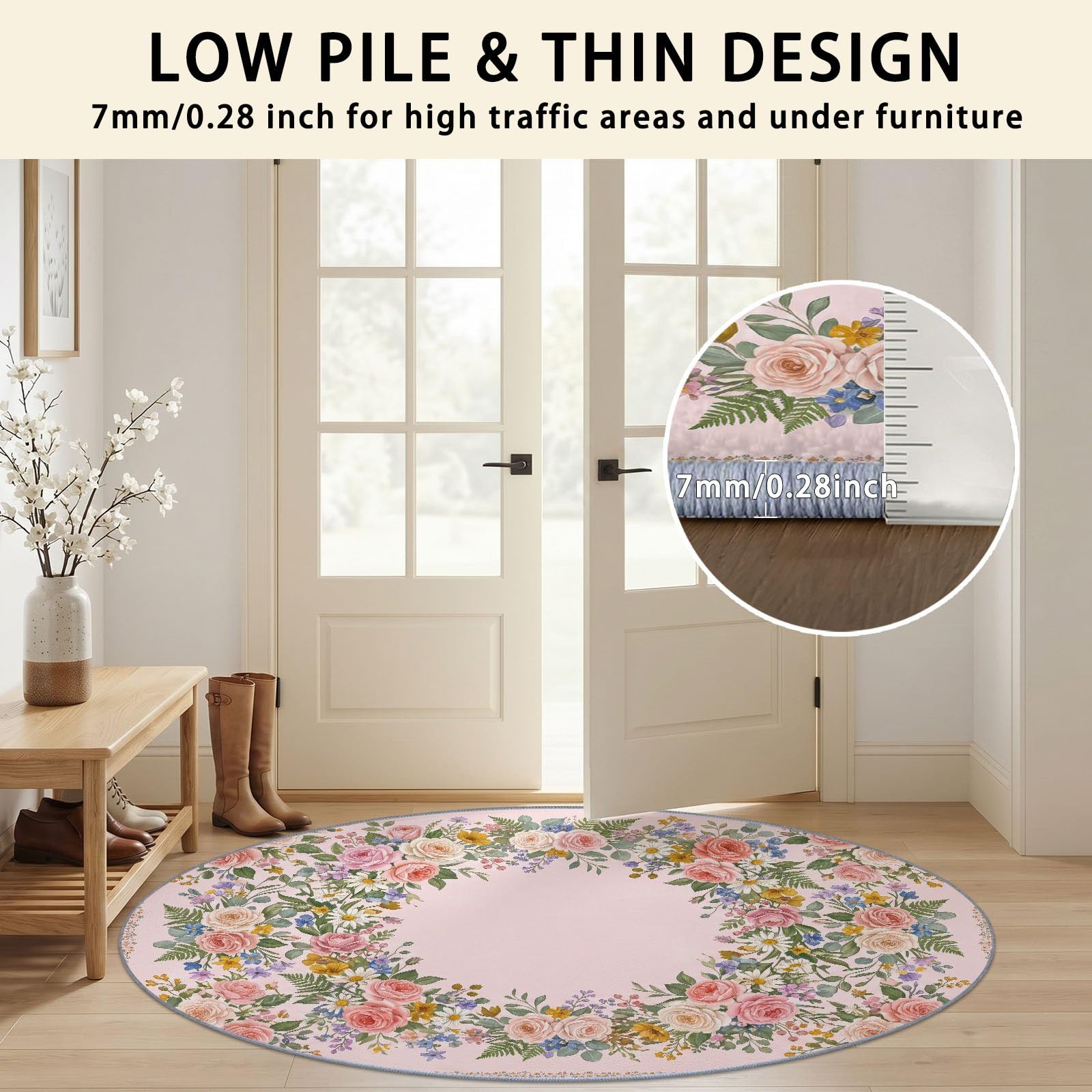 Tapis Rond Pastorale Campagne Francaise 160 cm, Roses Marguerites Fougères Couronne Lavable en Machine pour Salon, Rose Vert Antidérapant, Poil Court Tapis Rond Imprimé pour Chambre d’Enfant Nurserie
