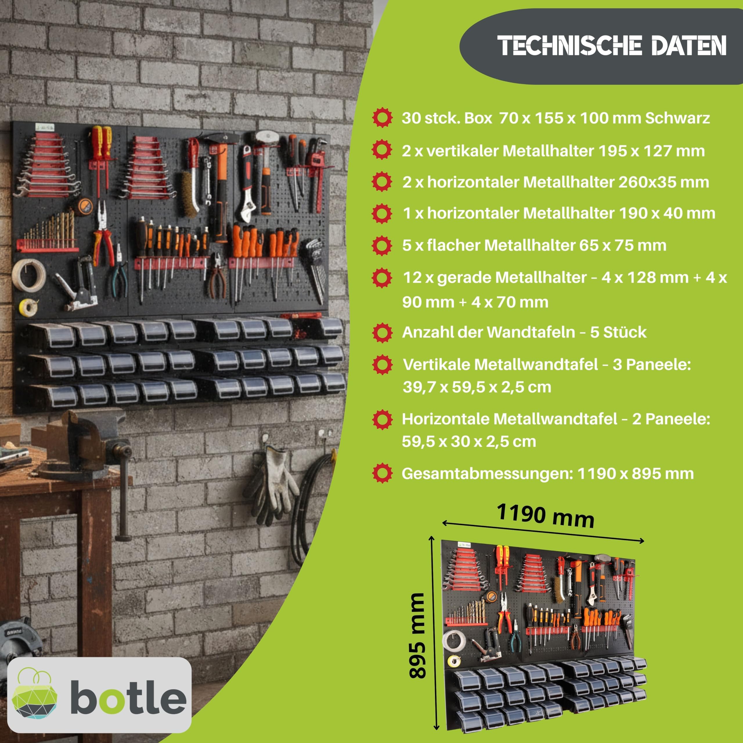 botle® Werkzeugwand Lochwand aus Metall, Stapelboxen + Wandregal + Werkzeughalter 47-TLG Set, Kleinteilelager, Wandwerkstatt mit 20 stapelbaren Behältern, Hängeregal Sortierregal