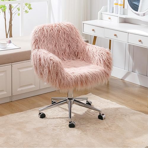 Miniatura 3 de HomVent Silla de oficina moderna de piel sintética rosa, silla de tocador tapizada de piel sintética, silla de escritorio peluda con ruedas y base