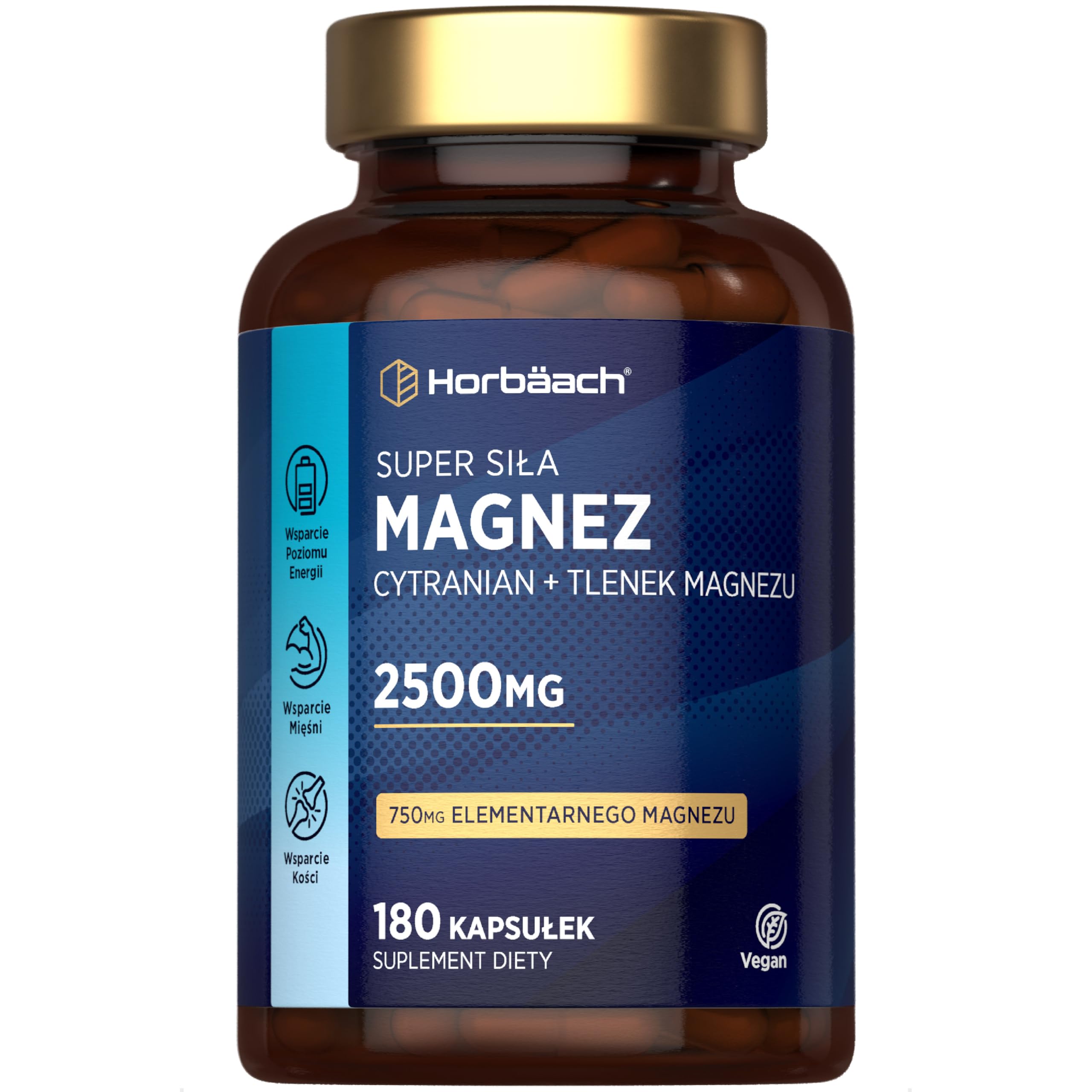 Cytranian Magnezu 2500 mg | Wysoka Dawka 750 mg Czystego Magnezu (Magnez Elementarny) | Cytryniany i Tlenki | 180 Kapsułek Wegańskich - Zapas na 2 Miesiące | marki Horbaach