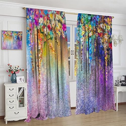 Miniatura 456 de Retro 70s Floral Blackout Window Curtains, Watercolor Flower Plant Rustic Modern Style Pattern Window Drapes, for Bedroom Living Room 42x45in 2