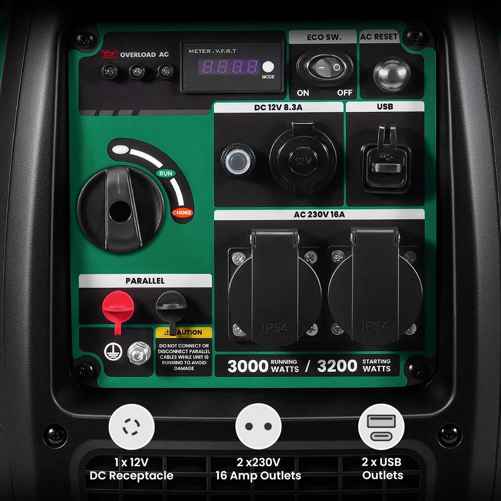 maXpeedingrods Générateur Inverter portable à essence 3200 W — Idéal pour le camping, les fêtes et les réunions en plein air — Équipé de 2 prises 230 V/16 A, 2 ports USB et 1 prise 12 V CC