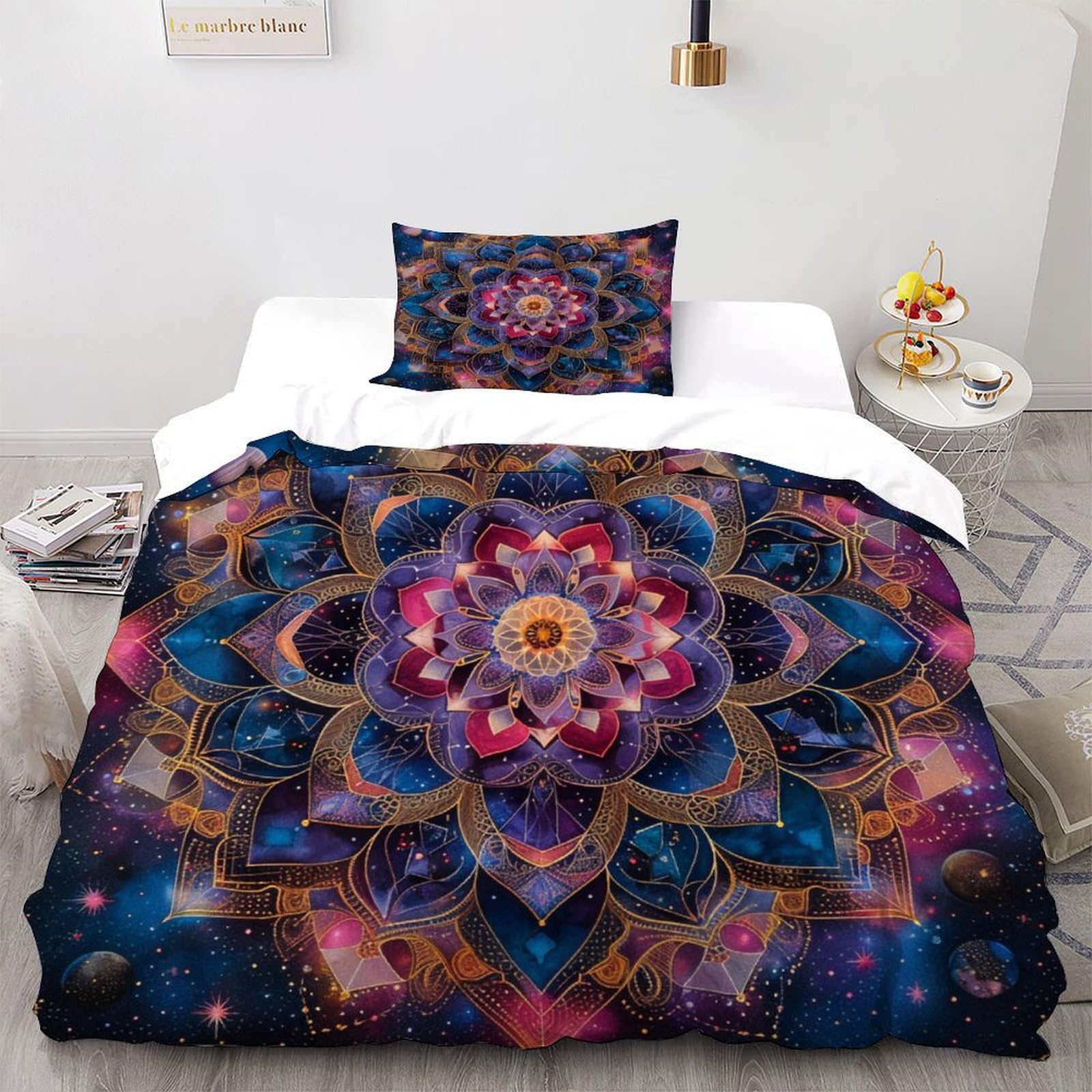 Parure de couette mandala microfibre hypoallergénique sans repassage pour lit 1 place