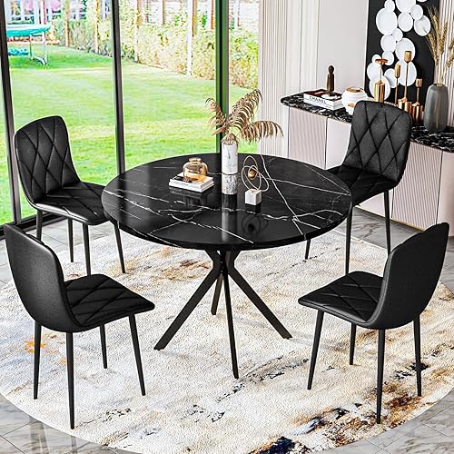 Miniatura 8 de DKLGG Juego de mesa redonda de comedor para 4, mesa de comedor de mármol sintético de 39 pulgadas con sillas tapizadas de piel sintética, juego de