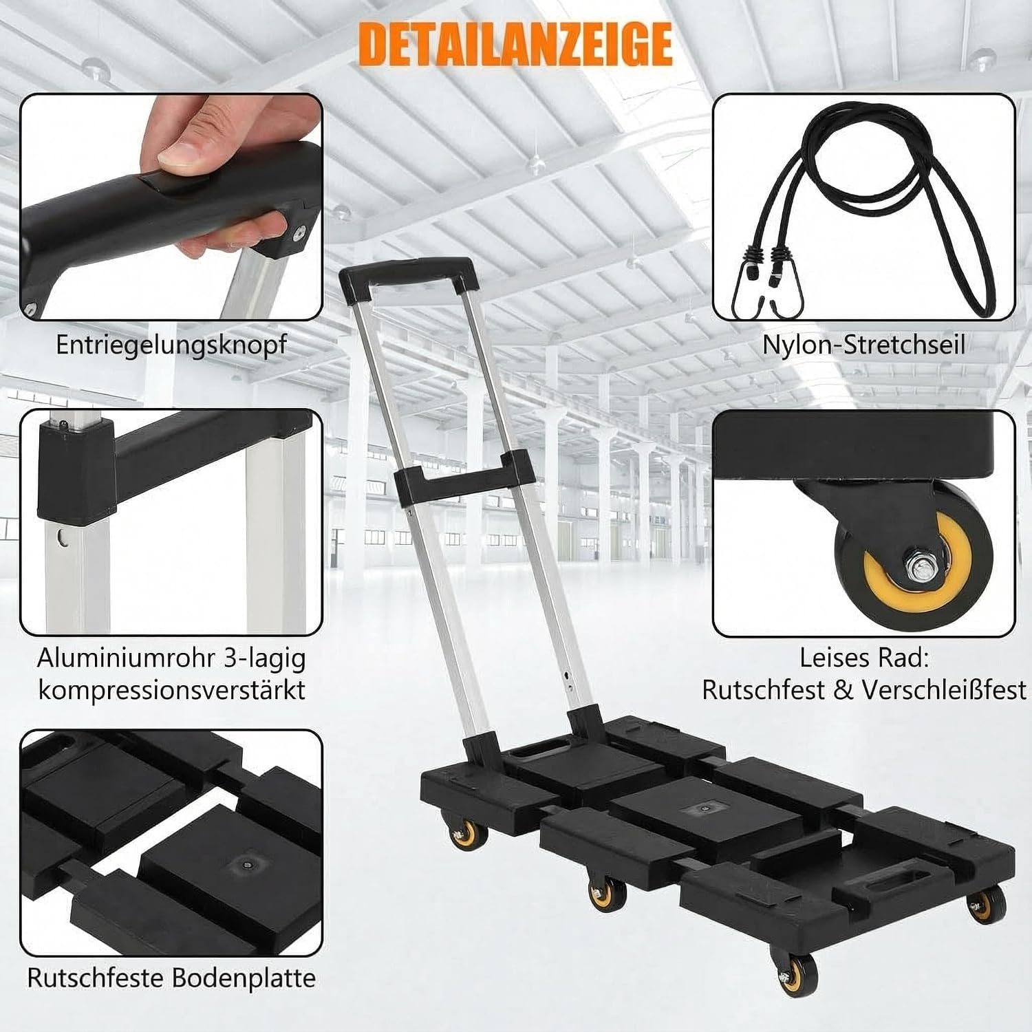 Folding Hand Trolley with a Load Capacity of 80 kg/100 kg/150 kg, Folding Transport Trolley with 2 Wheels and Telescopic Handle, Aluminium Transport Trolley for Luggage, Travel, Shopping, Car, Moving