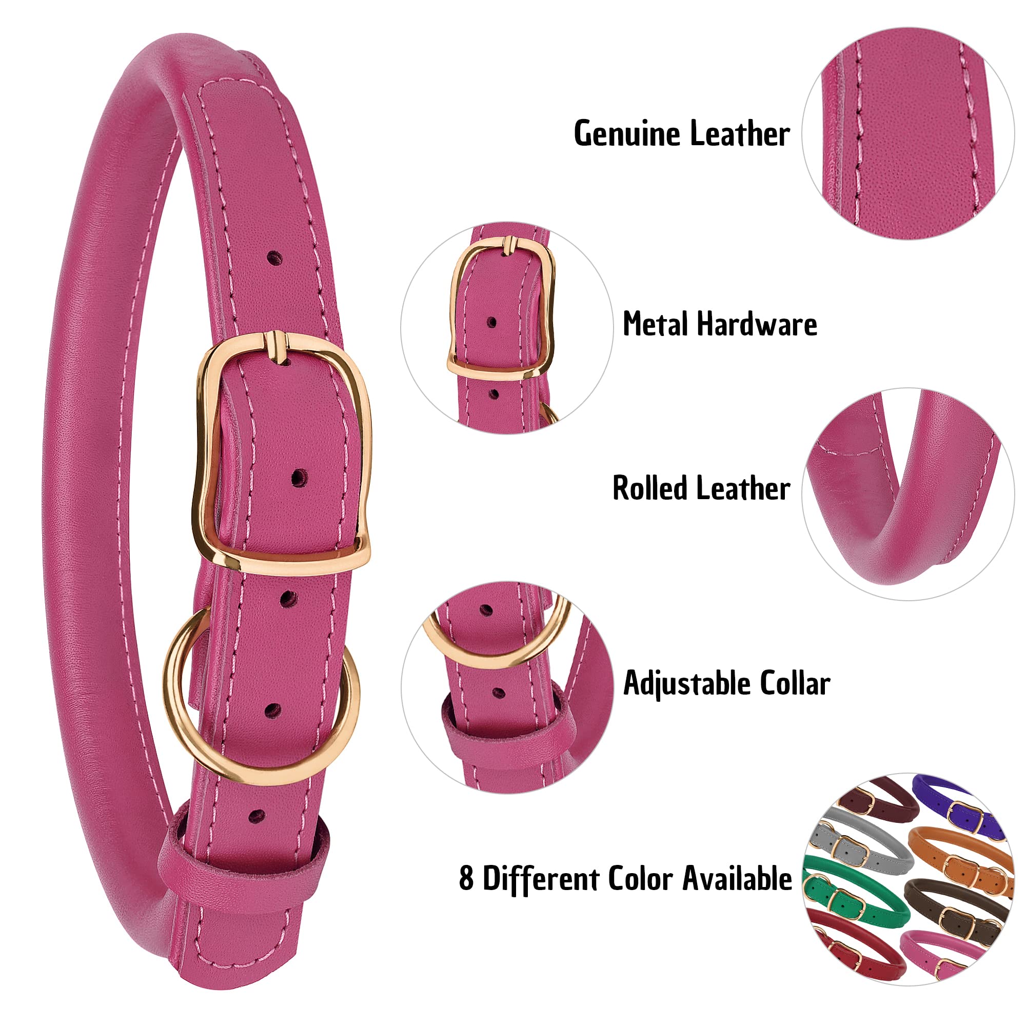 MUROM Rolled Leather Dog Collar Durable Round Rope Pet Collars for Small Medium Large Dogs Puppy Pink Purple Green Red Brown Gray (8"-12" Neck Fit - Image 4