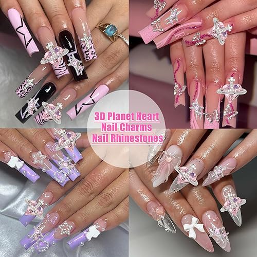 Miniatura 7 de RODAKY 12 dijes plateados de Saturno Planet para arte de uñas, diamantes de imitación rosa, aleación 3D, forma de estrella de Saturno, suministros