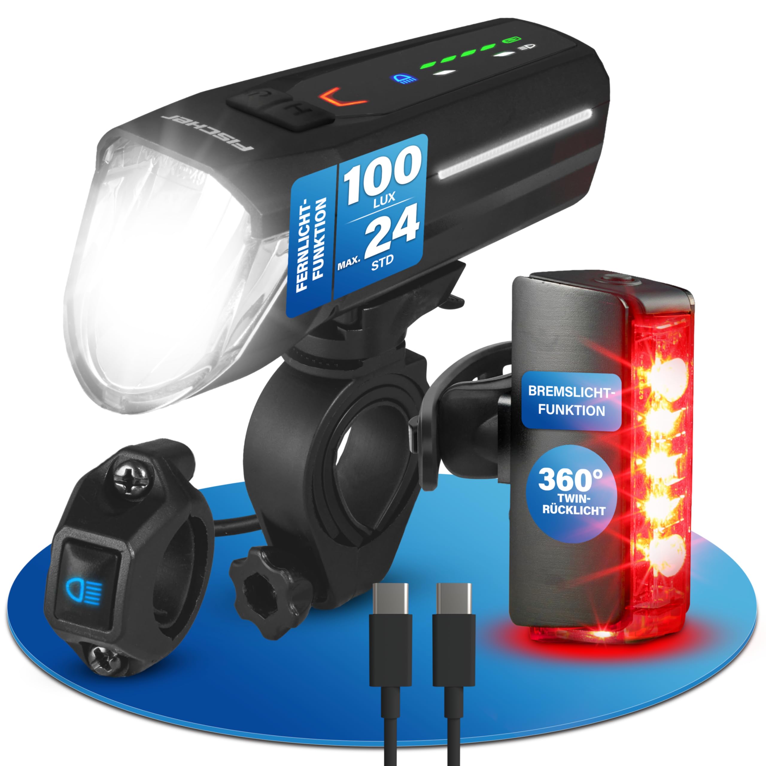 FISCHER Fahrrad LED-Akku Beleuchtungs-Set Twin Stop 100 +80 Lux Fernlicht, mit Sensormodus, Lange Leuchtdauer, stabiles Aluminium-Gehäuse, schwarz, 1 Stück