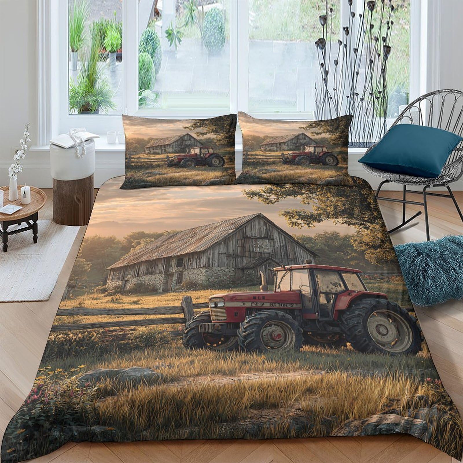 Ctjqhvkz Style-6 3D Printed Rustic Barn Fitted Sheet Microfiber Soft Tractor Landscape Mattress Cover For Bedroom Guest Room Decor Single（135X200cm）