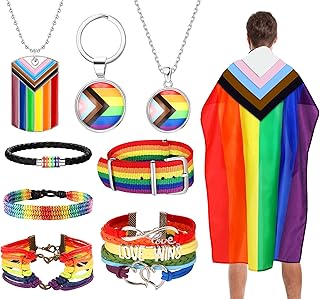 LGBTQ Accessories Pride Flag, Pride Braided Bracelet, Rainbow Striped Necklace and Pride Keychain Rainbow Pride Jewelry Set Gay Pride Stuff for Gay Lesbian Gift Outdoor Parade