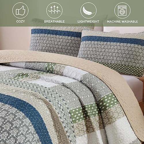 Miniatura 4 de WONGS BEDDING Juego de edredón bohemio tamaño Queen, juego de edredón de rayas bohemias de 3 piezas, juego de edredón acolchado de microfibra ligera