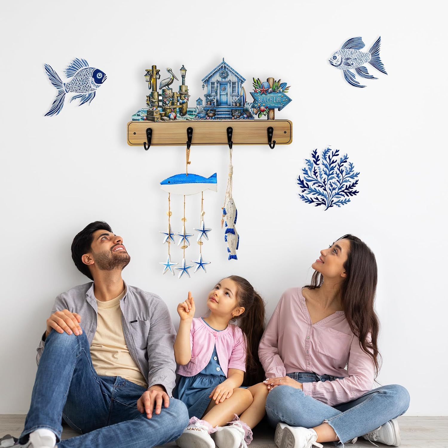 13.8”Long Coastal Beach Cabin Theme Coat Rack with 4 Hooks Cute Wooden Wall Mounted Hanger Kids Coat Towel Backpack Rack Wall Mount Hooks - Image 7