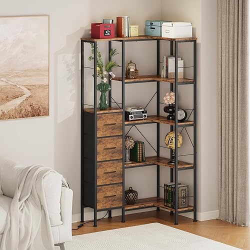 Miniatura 8 de Estantería esquinera con tiras de luz LED y 4 cajones de tela, estante esquinero convertible de 5 niveles con estante de exhibición, estantería