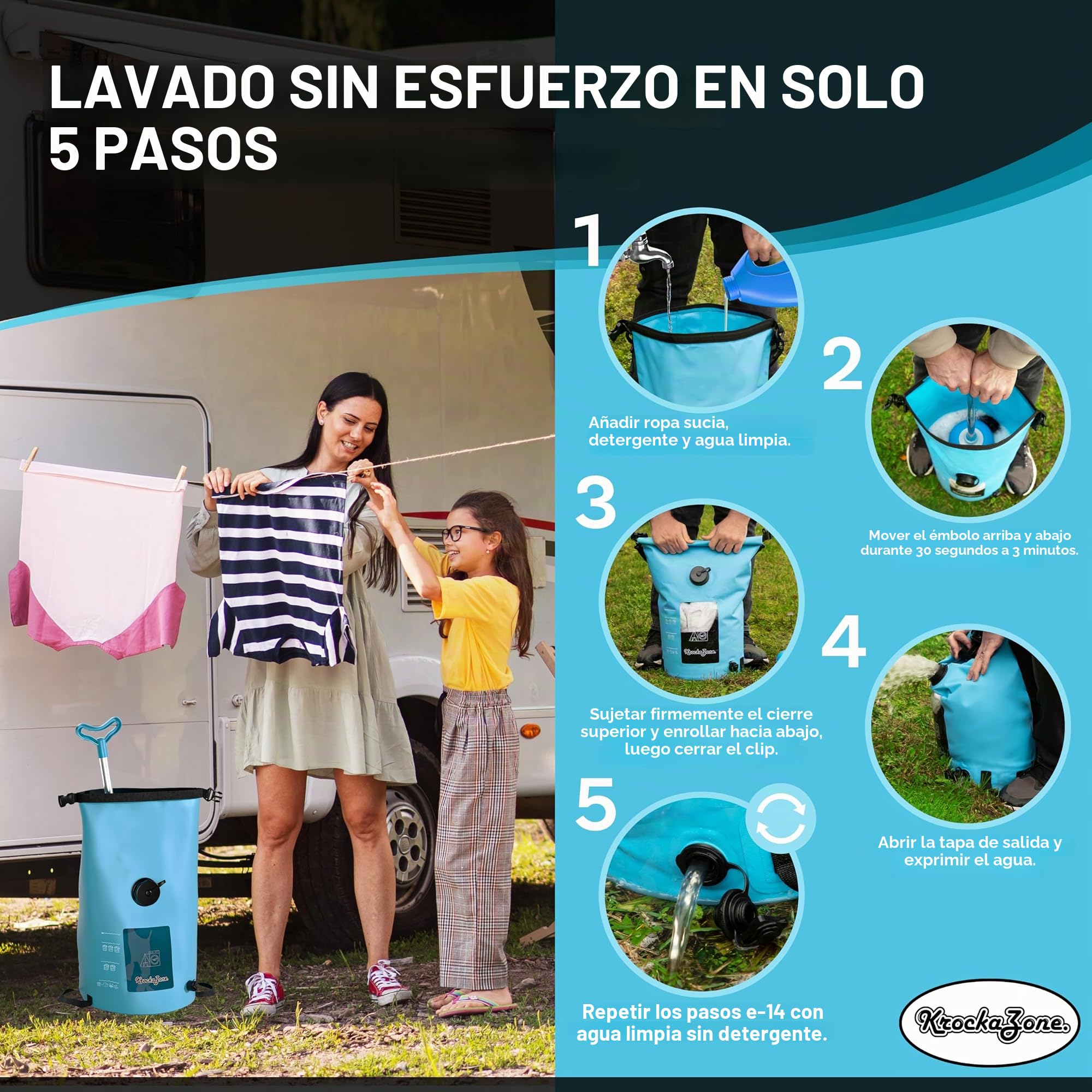 Lavadora portátil sin electricidad – Bolsa de lavado plegable Pömpel Waschbrett Set, pequeño y ligero para lavar a mano, mano – Outdoor mobile mini Waschtasche para camping, viajes, vacaciones