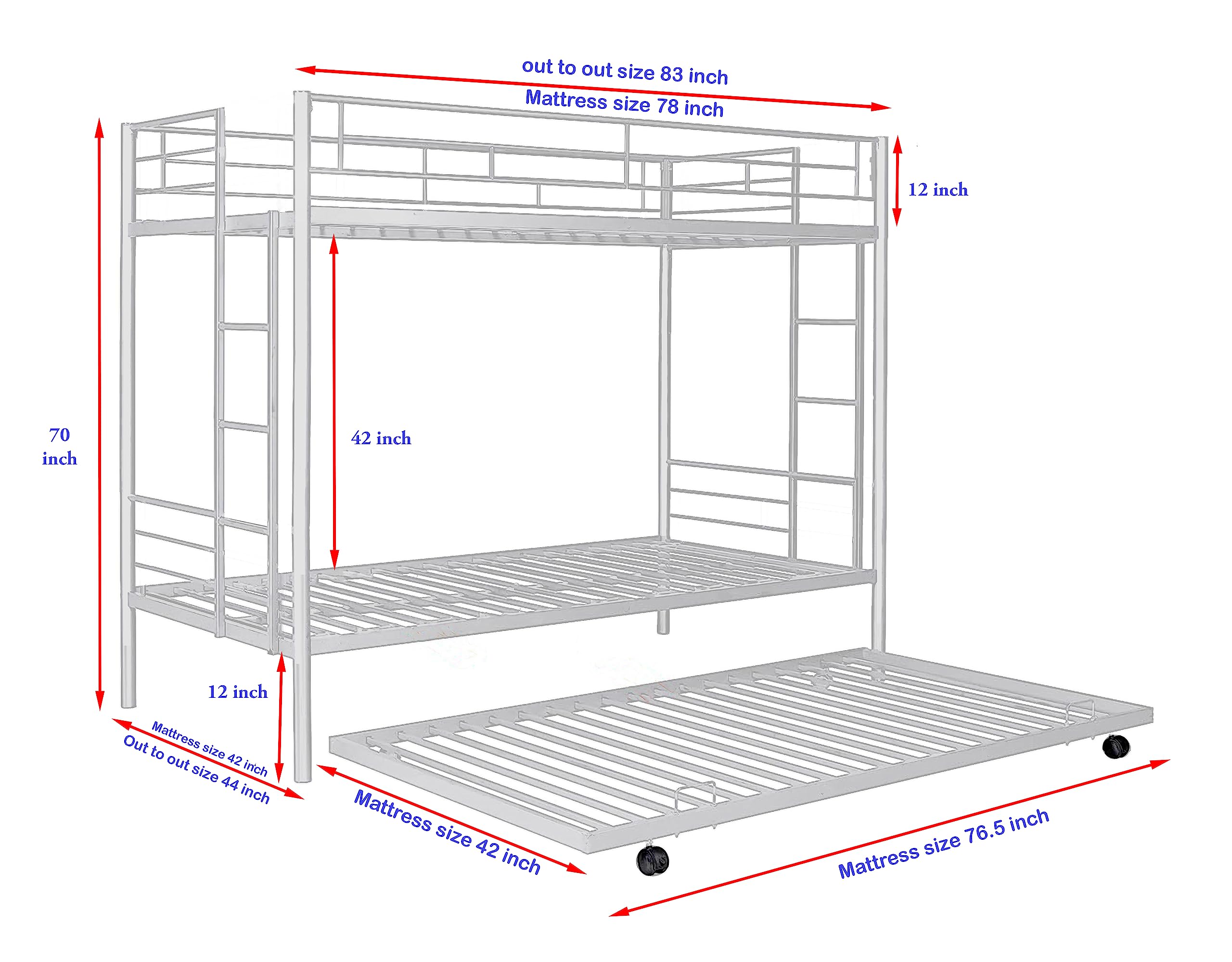 s k grill art Metal Bunk Bed with Trundle for Adults Twin Over Twin with Bonded Foam Mattress (White Powder Coated, 3.5 x 6.5 feet)