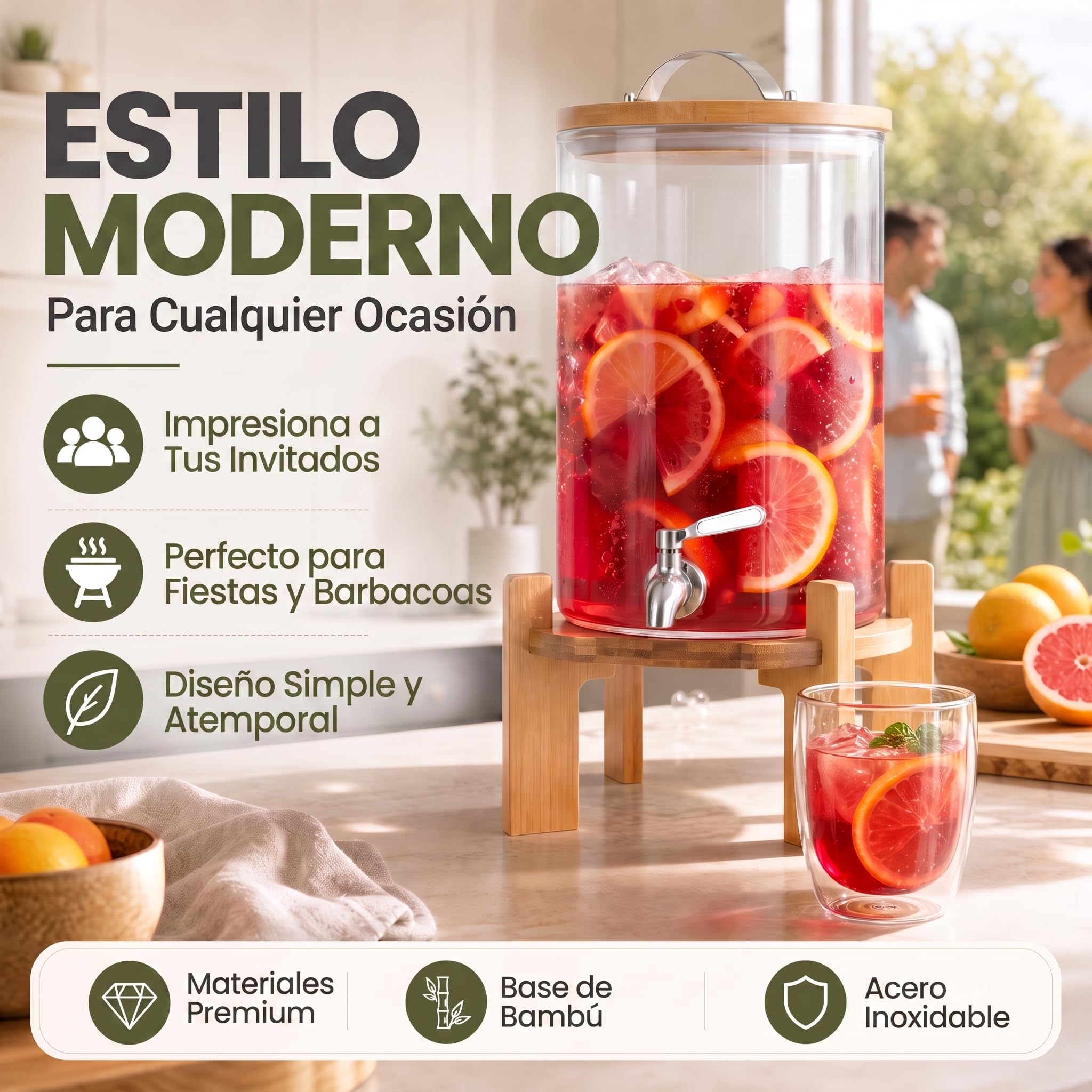 DIMONO® Dispensador de Bebidas de Vidrio con Grifo, 8 L | Vidrio borosilicato resistente al calor - grifo antigoteo de acero inoxidable - soporte y tapa de bambú