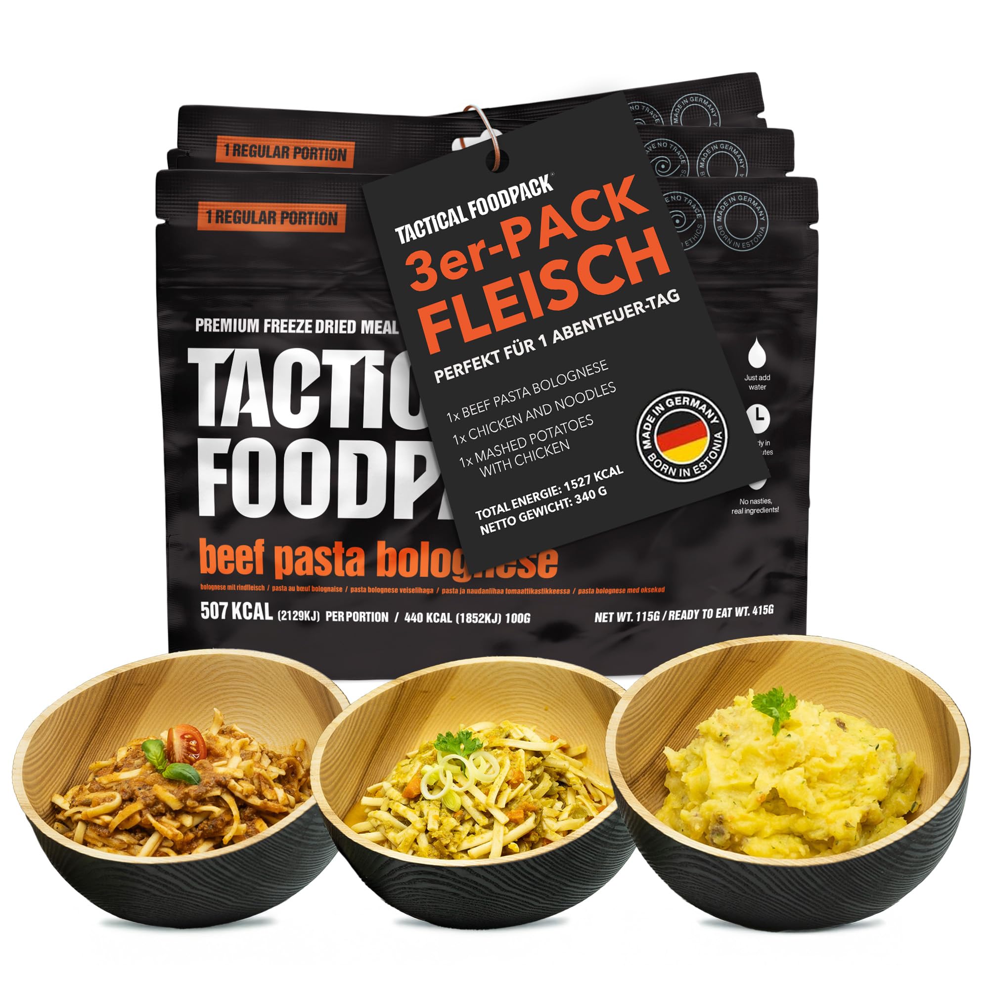 Tactical Foodpack 3er Set - 3 Gefriergetrocknete Mahlzeit (mit Fleisch) für Camping, Survival Outdoor Nahrung. Tracking oder Notfallrucksack – Fertiggerichte wie hausgemacht zum Verzehr bereit