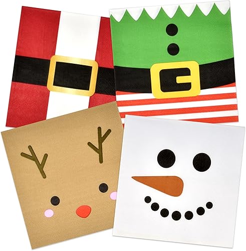Miniatura 6 de 120 servilletas de papel desechables de Navidad con personajes navideños, lindos muñecos de nieve de invierno, renos, elfos y Papá Noel, servilletas