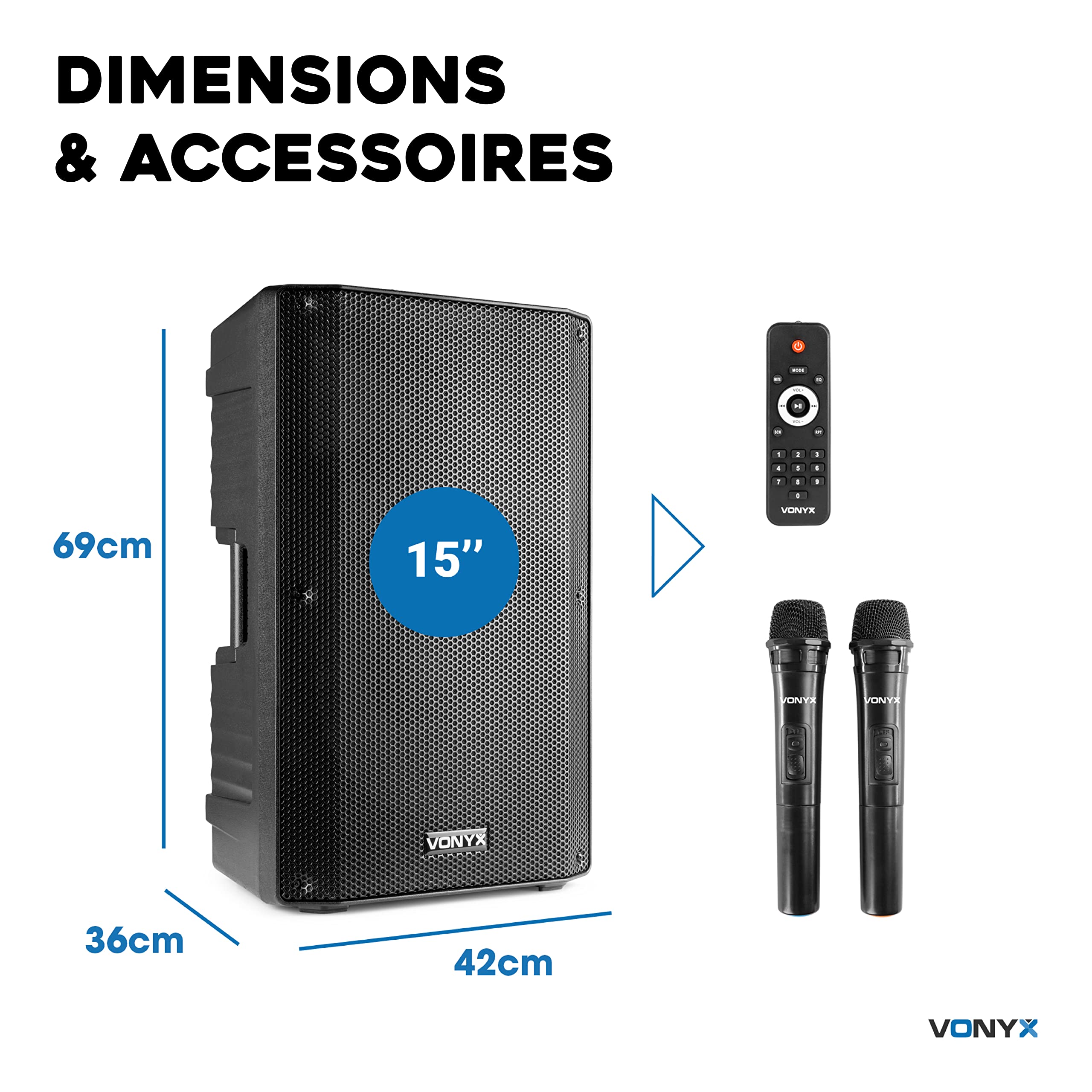 Vonyx VSA700 Enceinte Sono Active 1000W - Batterie Intégrée, Haut-Parleur 15", 2 Micros Main, Bluetooth, 8 Heures d'Autonomie, Idéale pour Vos Conférences ou pour Diffuser de la Musique