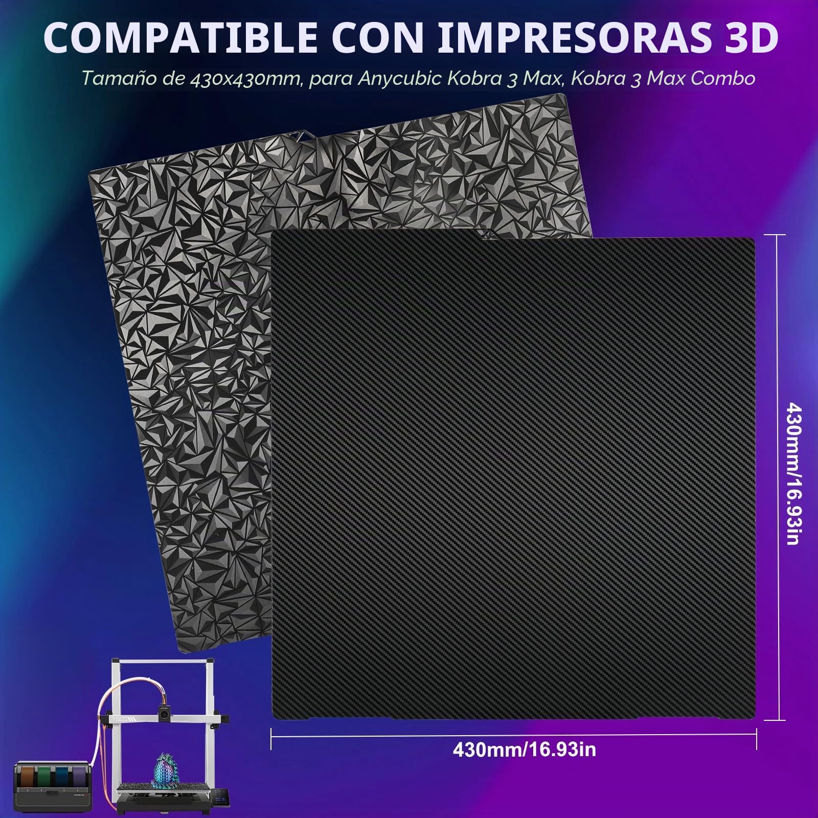 Kobra 3 Max Placa de impresión 430 x 430 mm, Smooth Diamond PEO+fibra de carbono PET Spring Steel cama de impresión flexible para Anycubic Kobra 3 Max, Kobra 3 Max Combo 3D Plataformas