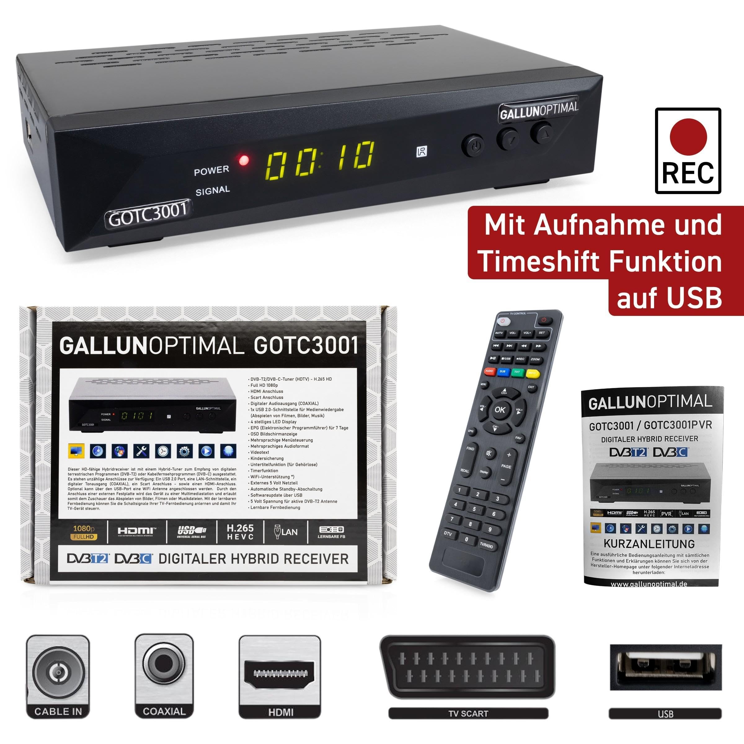 Combo-Receiver DVB-C & DVB-T2 H265 mit Auto Installation & Aufnahmefunktion geeignet für jeden Kabel-Anbieter UND dem Empfang von allen freien DVB-T2 Sender via Antenne, Standard Size