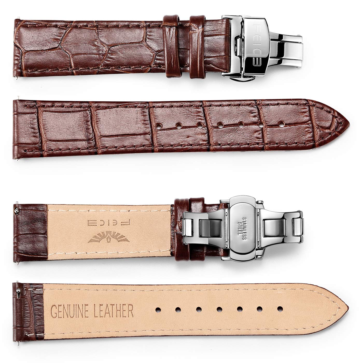 FEICE Lederarmbänder für Automatikuhr Faltschließe Uhrenarmband Klassisches Prägung Ersatz Armbänder (20mm, Braun)