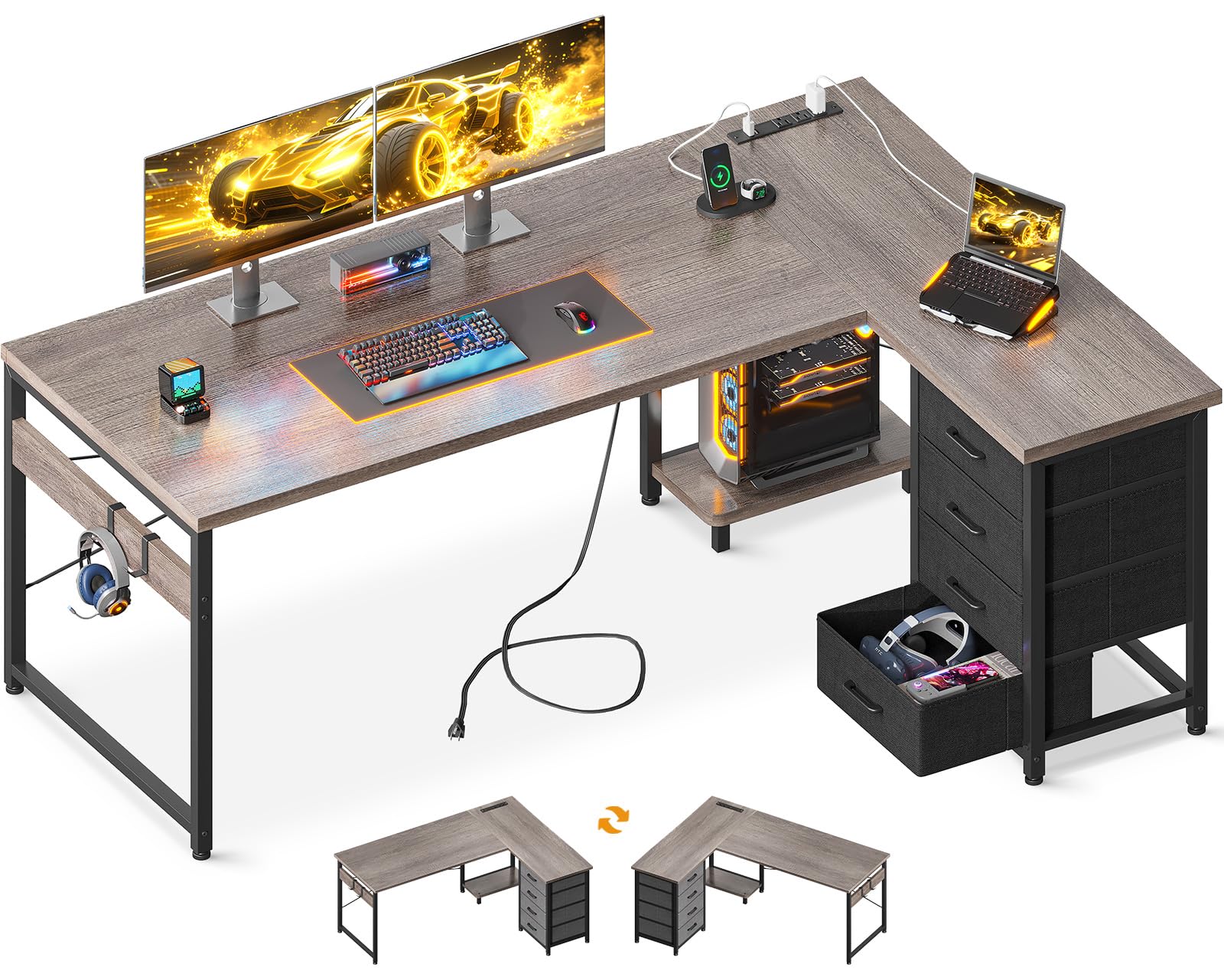 ［アオイ］デスク Amazon.com: AODK L Shaped Desk with 4 Tier Drawers, 61