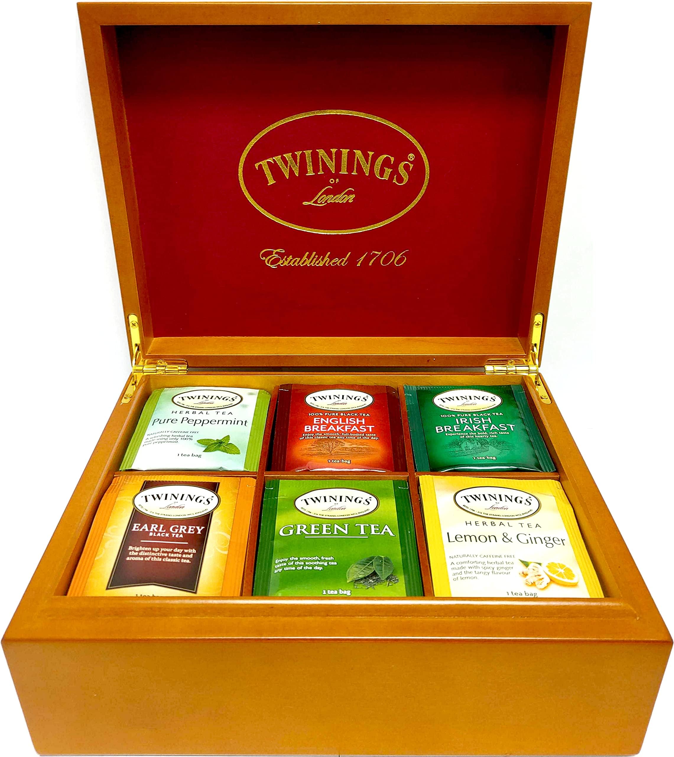 of London 6 Slot Wood Chest Gift Set Tea Variety Sampler, 60 Count (10 of Each Flavor - Green, Earl Grey, English Breakfast, Lemon & Ginger, Peppermint, Irish Breakfast)