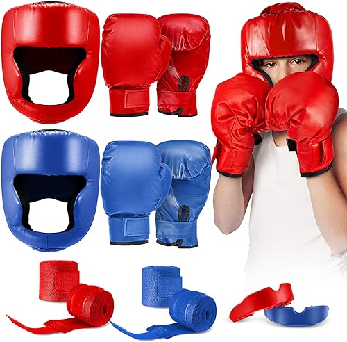 Kanayu Juego de 12 piezas de equipo de boxeo para niños, incluye casco de boxeo y guantes de mano, protectores bucales deportivos, equipo de