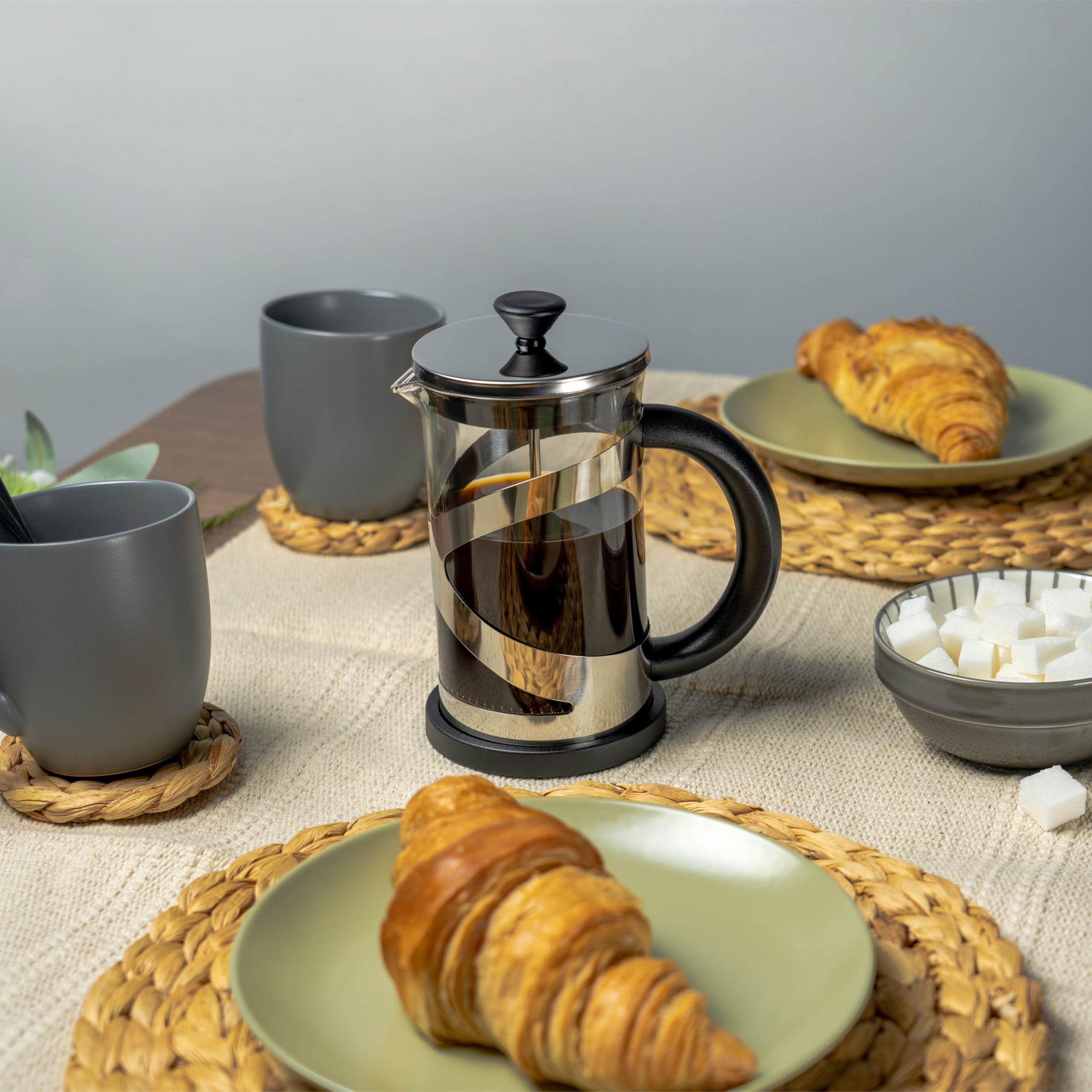 Café Olé Classico Caffettiera Cromata, 800 ml / 3 tazze / 6 tazzine da caffè, caffettiera francese, filtro in acciaio inossidabile, corpo in vetro, finitura cromata