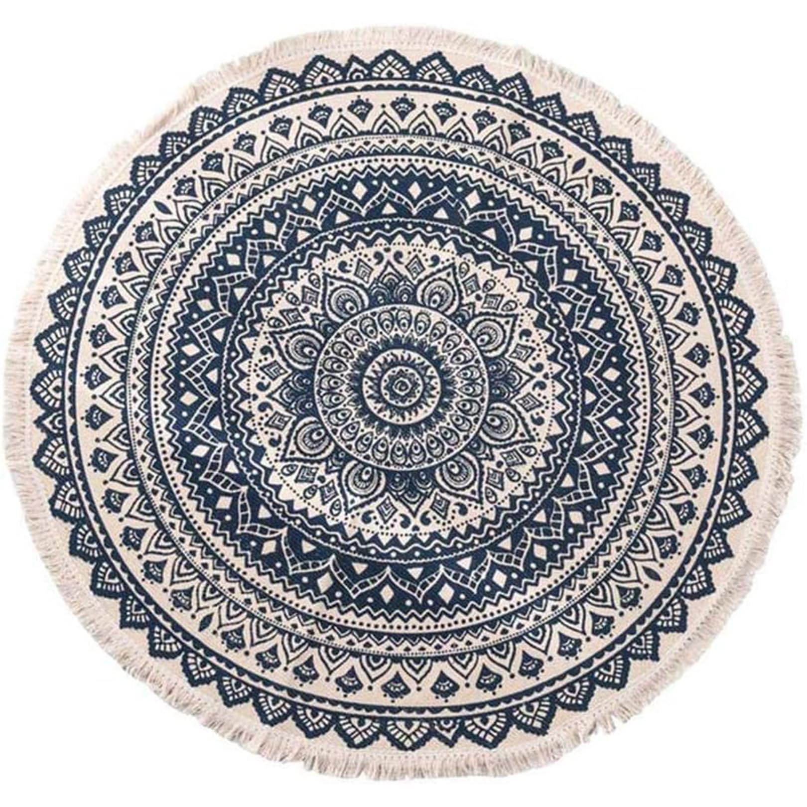 Tapis rond vintage en coton et lin de style ethnique nordique bleu doux 90x90cm
