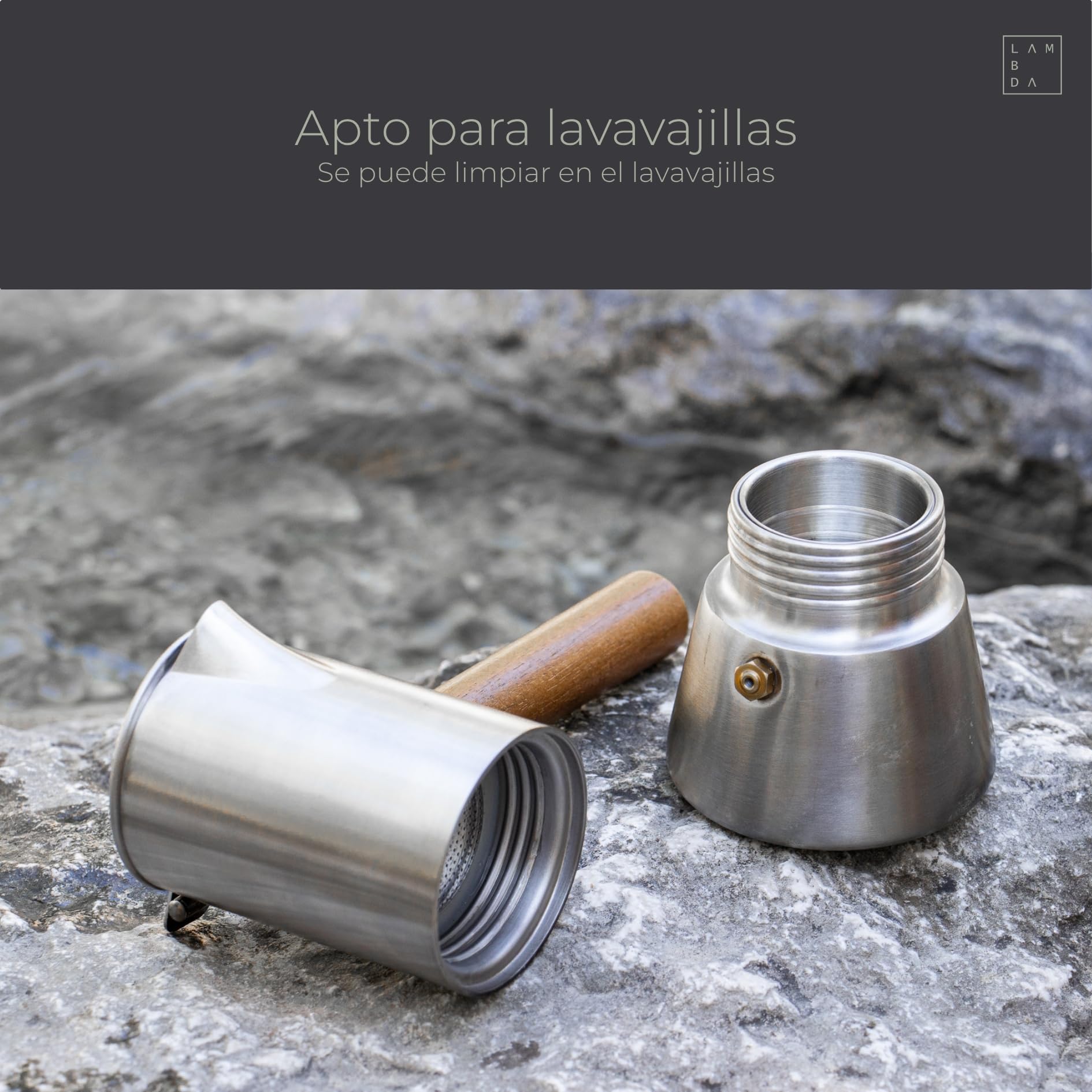 LAMBDA COFFEE® Cafetera espresso apta para inducción, 300 ml, acero inoxidable, 5 – 6 tazas, cafetera moka para exteriores