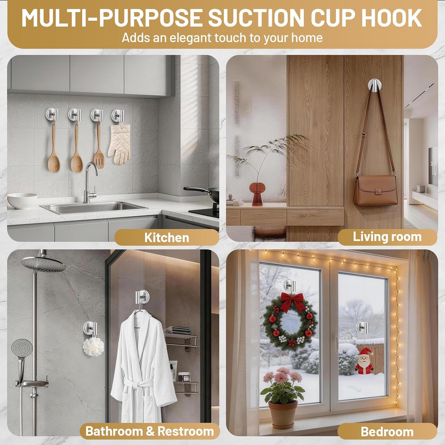 Large Suction Cup Hooks, Heavy Duty 15lb Holds Towel & Robe, No-Drill Shower Bathroom Hooks for Tile Wall Glass Mirror, Mounts on Smooth Non-Porous Surfaces (2, Chrome Polished) image 3