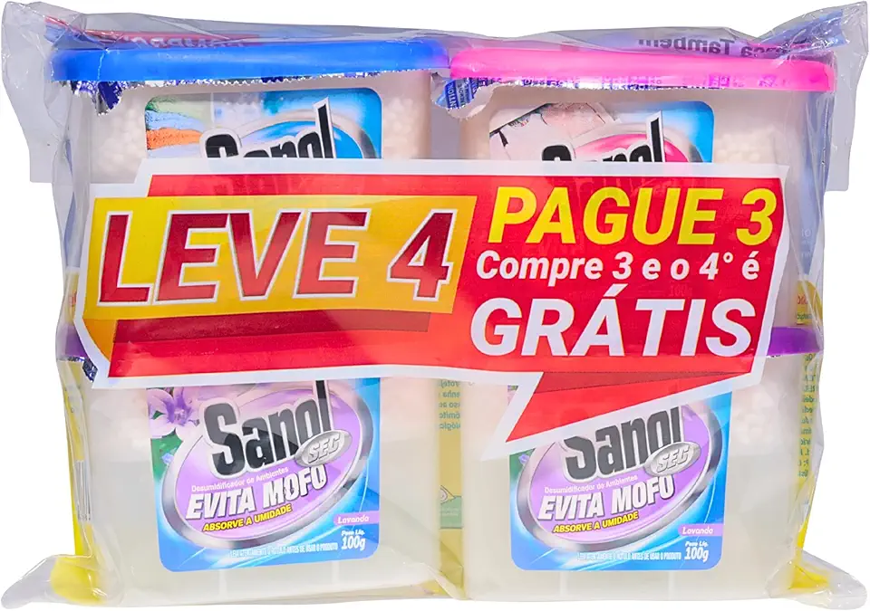 Evita Mofo Absorventes de Umidade (desumidificador), Leve 4 Pague 3 - 1 Neutro / 2 Lavanda / 1 Baby, Sanol, 4 X 100g, Colorido