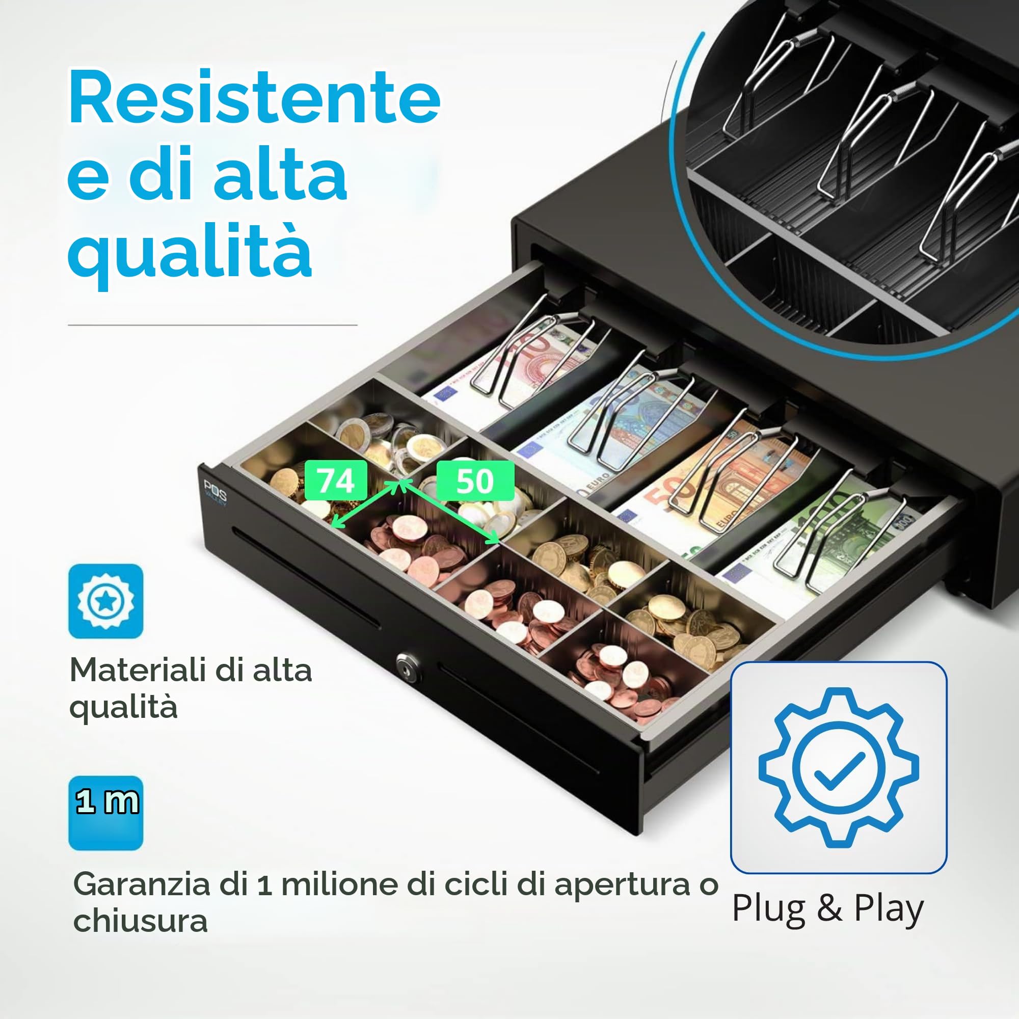 Cassetto per Registratore di Cassa RT, Apertura Automatica RJ/Chiave, Cassetta Portavalori con 4 Banconote 8 Monete (Euro), 35x40cm, Nero