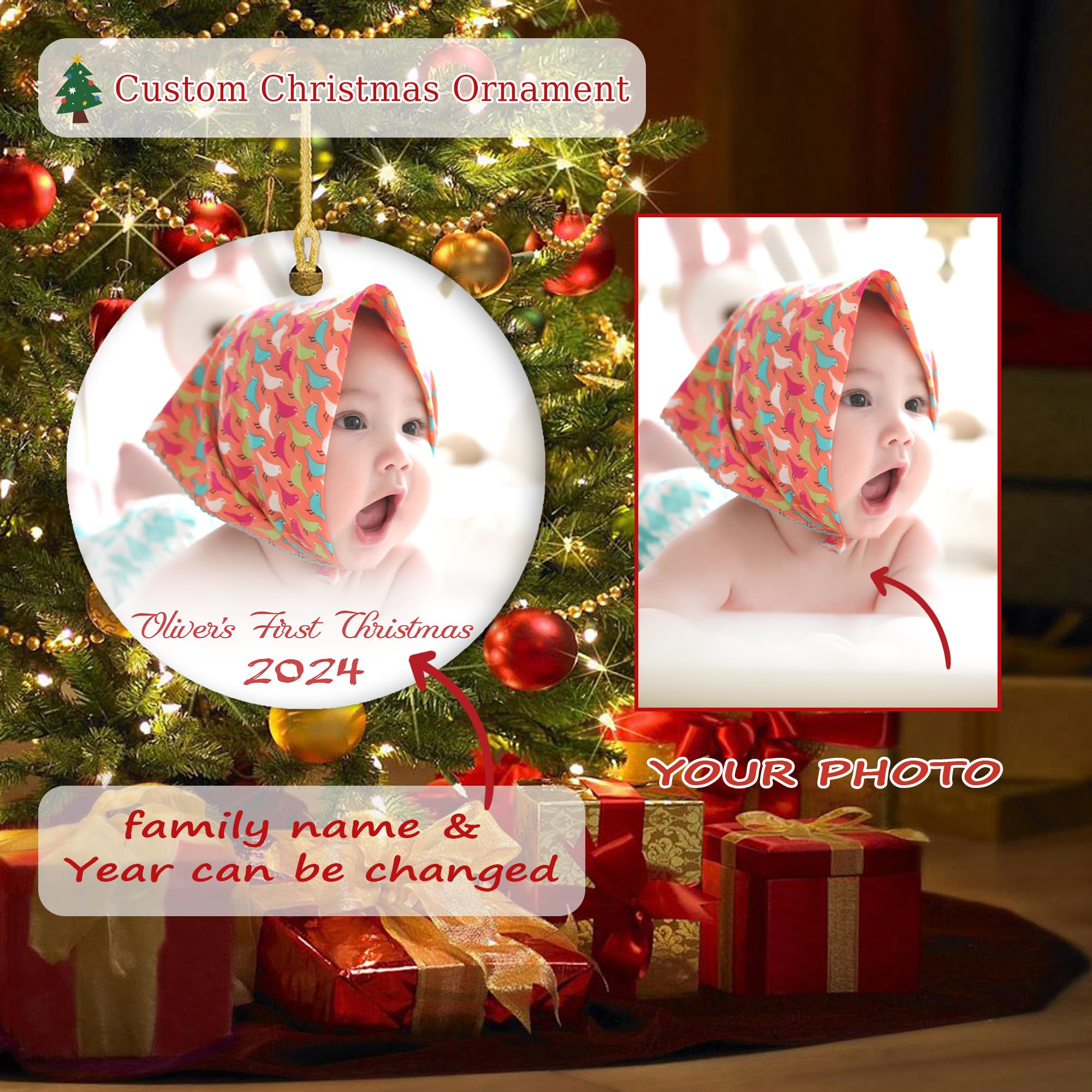 Personalized 2024 Baby's First with Photo & Name, Custom Memories Picture Ornament Gifts for Newborn Babies, Customized Ceramic Xmas Tree Decor for Kids, Baby's First Ornament
