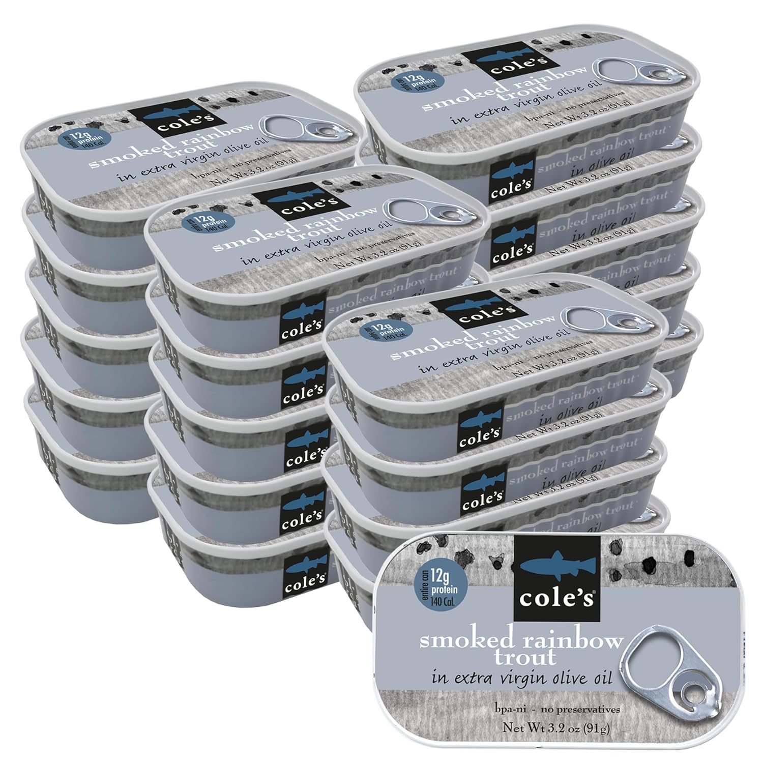 Cole's Smoked Trout Fillet in Extra Virgin Olive Oil | 3.2oz Hand-Packed Cans, Pack of 20 | High Protein, Vitamin D, Preservative-Free