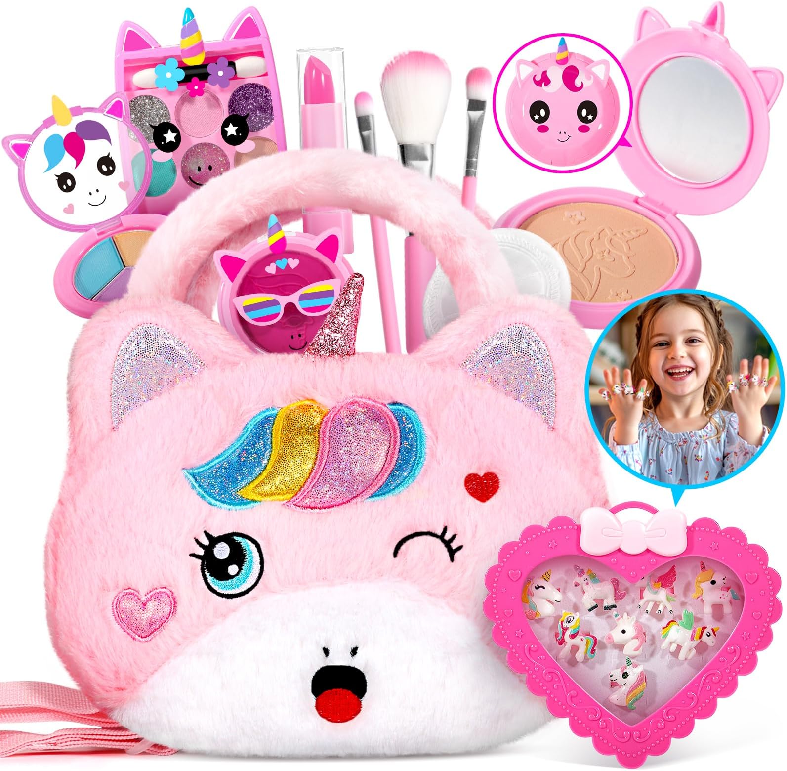 ULOVEME Kids Real Makeup Kit for Little Girls - Real, Non Toxic, Washable Make Up Toy - Umicorn Toys Gift for 3 4 5 6 7 8 9 10 12 Years Old Girls Birthday (Large Umicorn Bag)