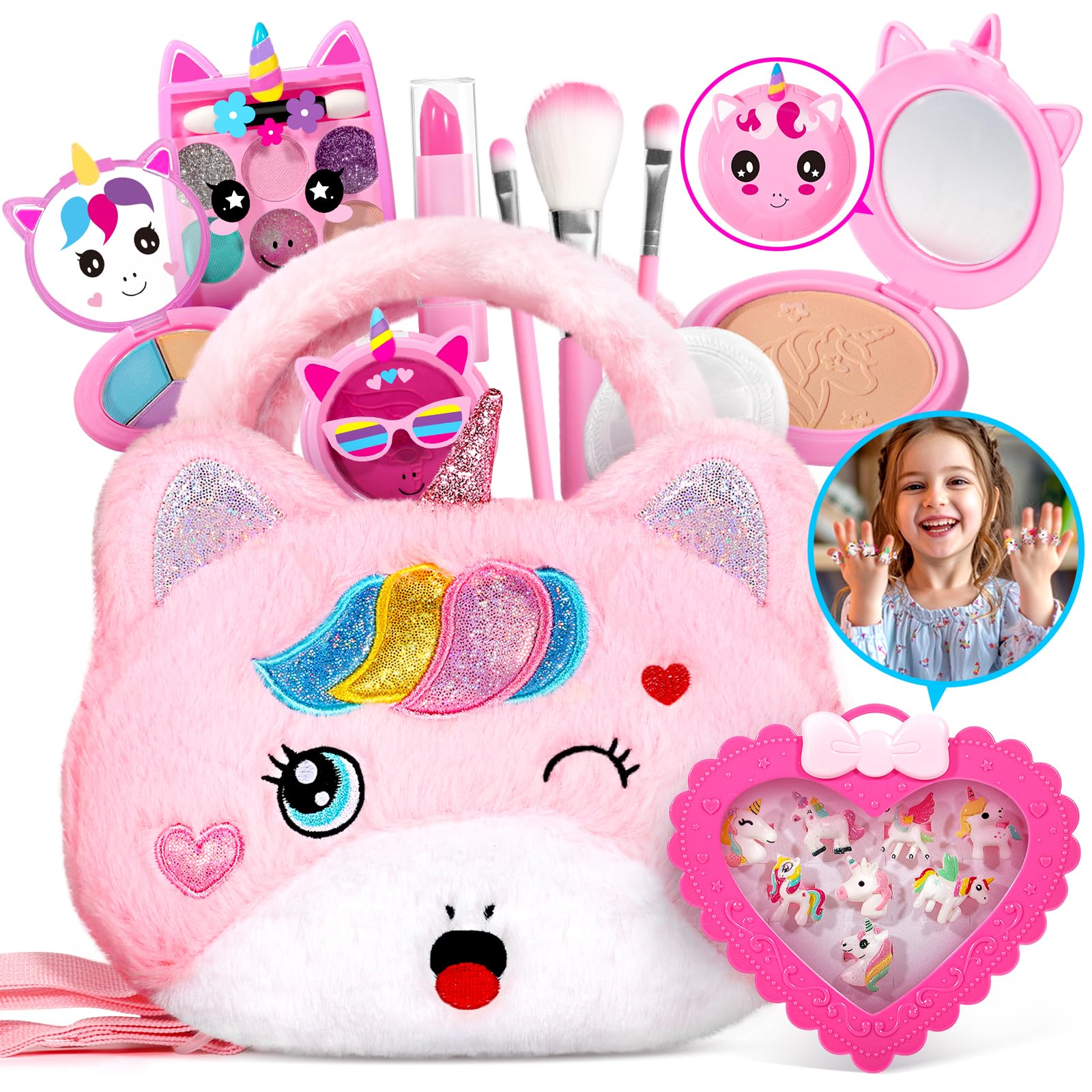 ULOVEME Kids Real Makeup Kit for Little Girls - Real, Non Toxic, Washable Make Up Toy - Umicorn Toys Gift for 3 4 5 6 7 8 9 10 12 Years Old Girls Birthday (Large Umicorn Bag)