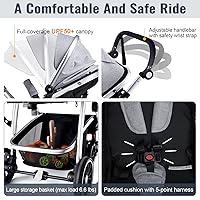 Vista 6 de Cochecito de bebé, asiento reversible 2 en 1 para niños pequeños con modo cesta, cochecito infantil plegable con toldo, freno de un botón, mango Gris