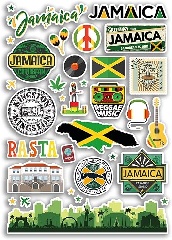 A4 Sticker Sheet Jamaica Landmarks Vinyl Stickers - Jamaican City Map Airport Country Stamp Skyline Flag Travel Holiday Culture Aesthetic #80001