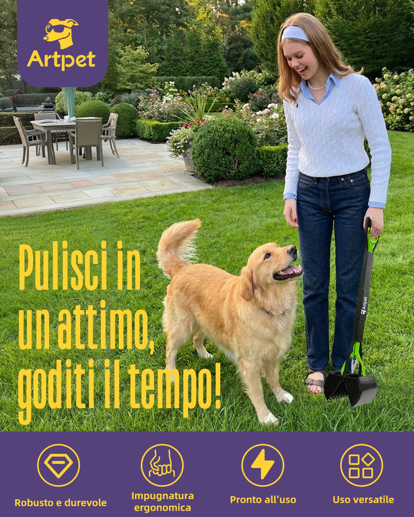Paletta Raccogli Cacca Cani Manico Lungo 80cm, Pieghevole Raccogli Feci Cane da Giallo