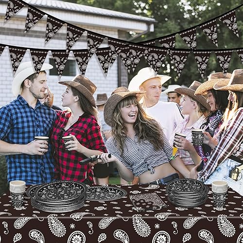 Miniatura 7 de 123 piezas de decoración de fiesta de vaquero occidental, incluye 1 mantel de plástico con estampado de cachemira, 2 banderines, 60 platos de papel