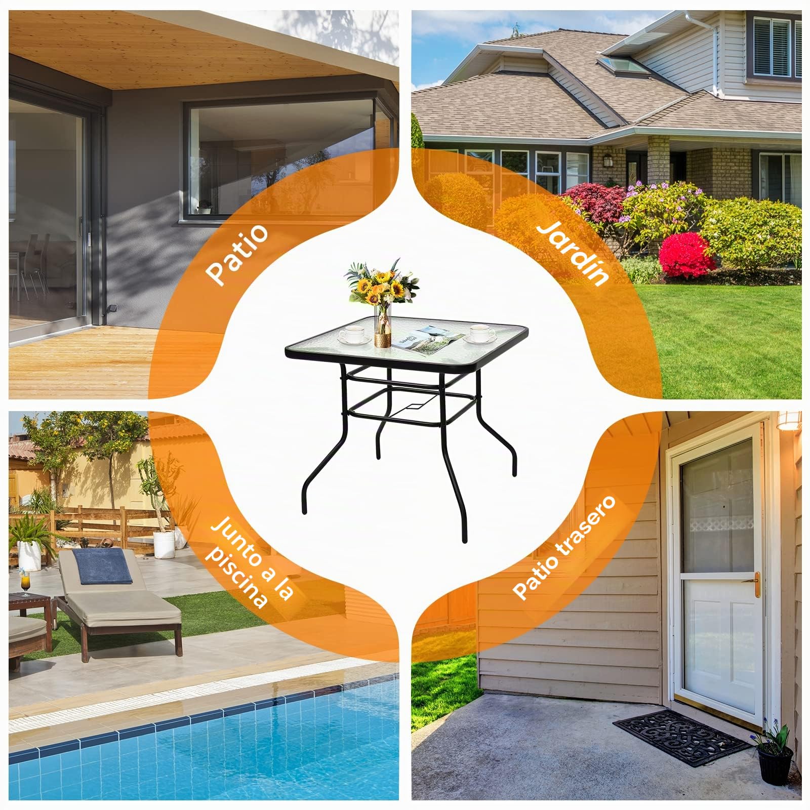 GIANTEX Mesa Cuadrada de Cristal de Exterior, Mesa de Jardín con Agujero para Sombrilla, Mesa de Comedor para Terraza, Jardín, Balcón, Patio (80 x 80 x 71 cm)
