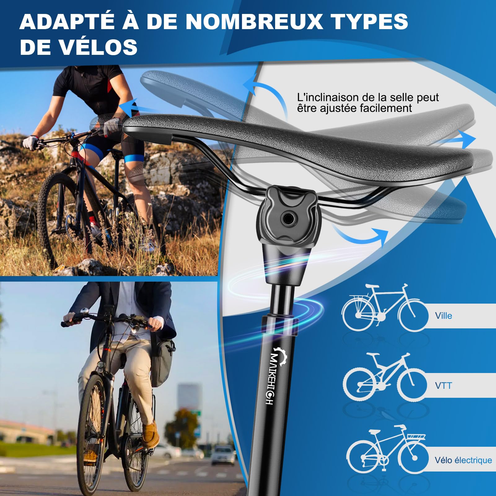 MAIKEHIGH Tige de Selle Suspendue, Alliage D'Aluminium Tige de Selle | 27,2/30,9/31,6mm avec 2 Adaptateurs 2 Ressorts pour VTT, Vélo de Ville, Vélo de Route, Vélo électrique