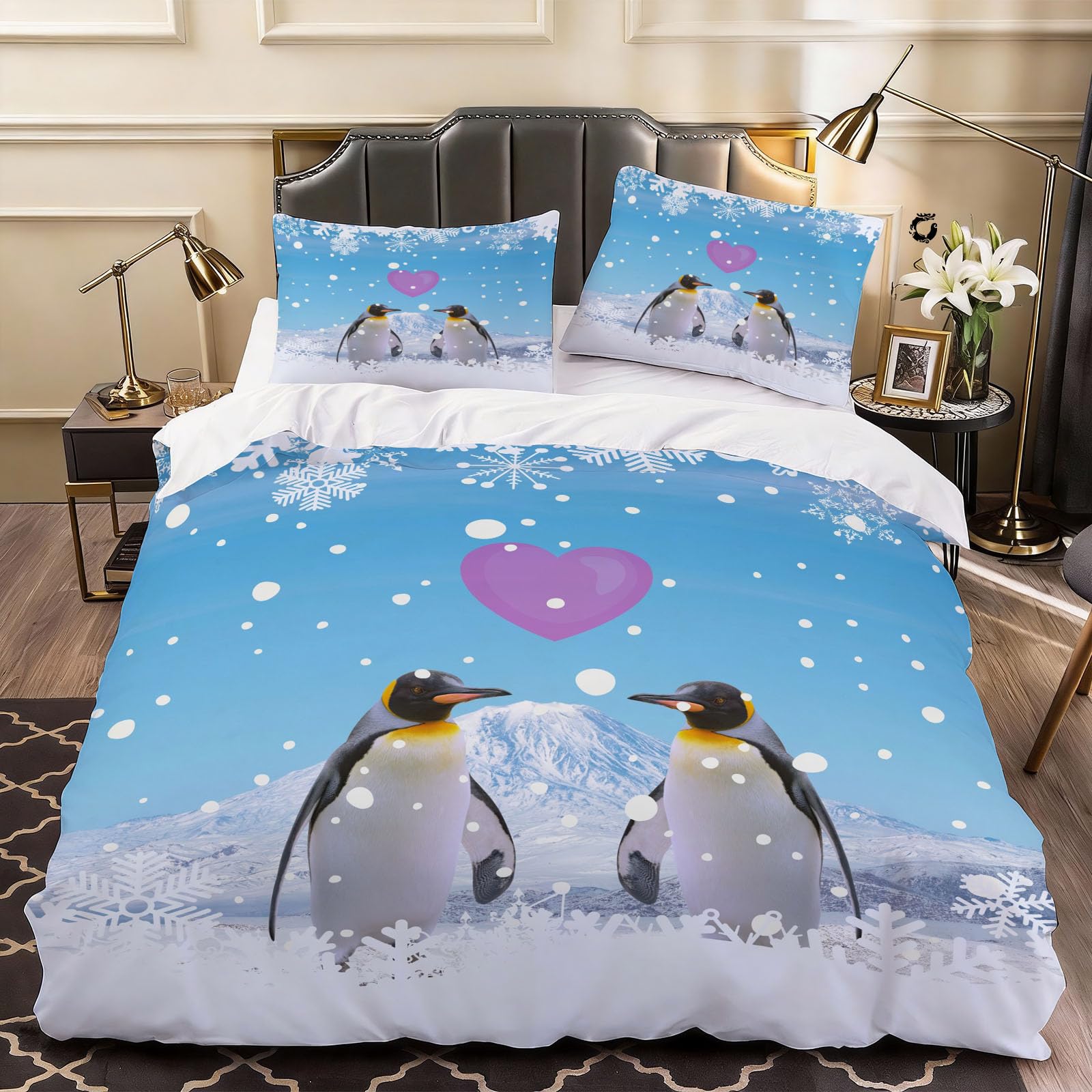 3D Animal Penguin Duvet Cover Snowflake Bedding Double Bed Set, Soft Microfiber Comforter Cover Printed with Zipper Closure Quilt Coverr 200x200 cm and 2 Pillowcases