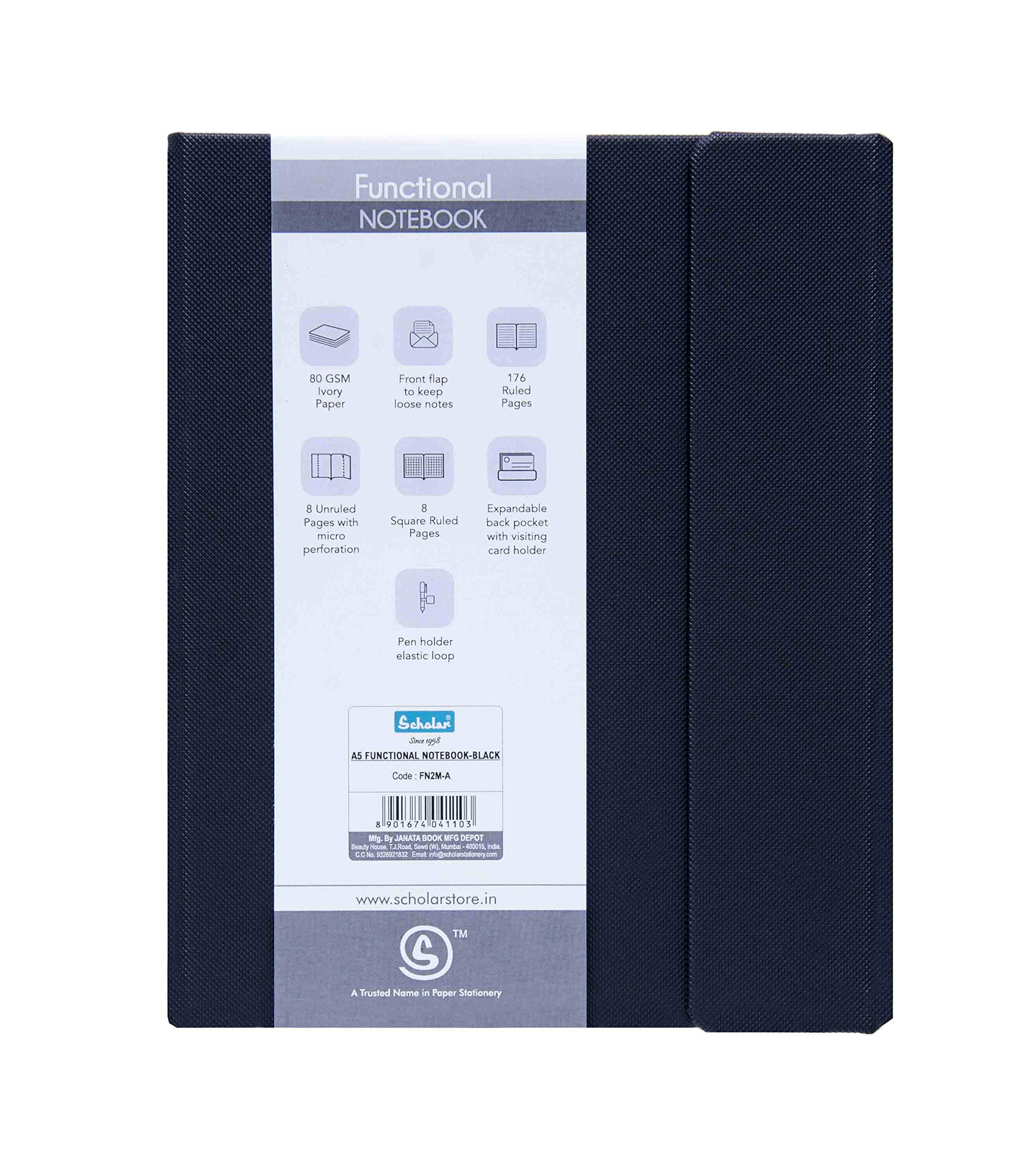 Scholar Functional Magnetic Flap Notebook (192 Pages, Magnetic Flap Closure) (Black)